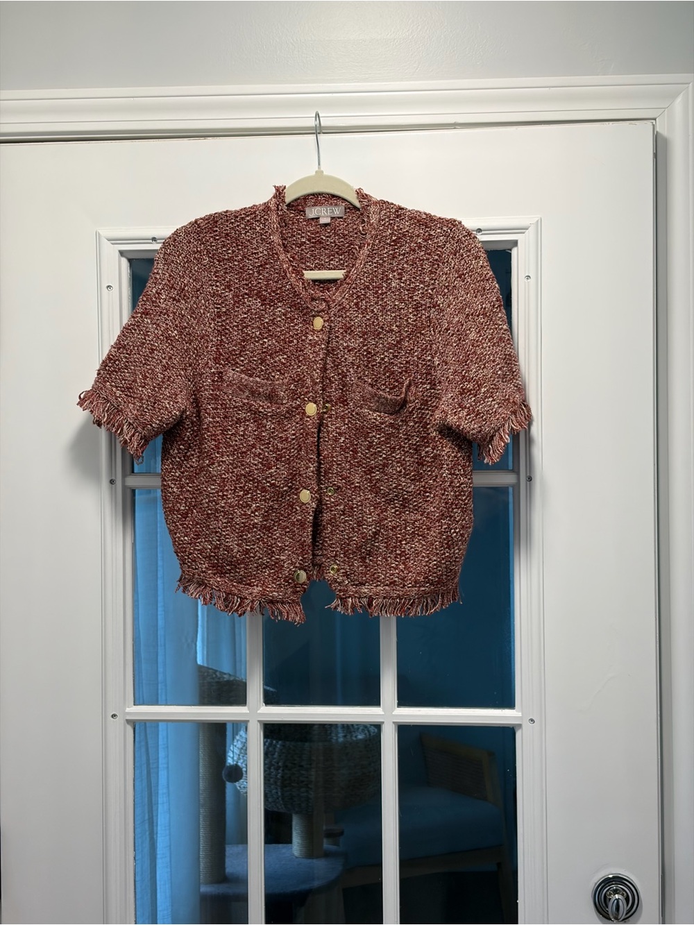 J. Crew Red and Cream Tweed Short Sleeve Fringe Cardigan